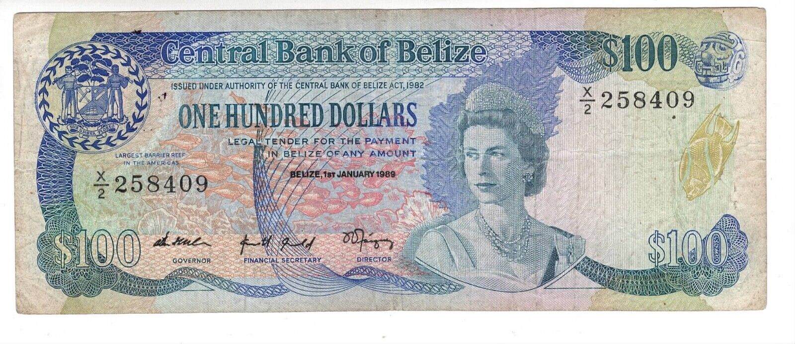 Belize $100 Dollar Vf *rare* Queen Elizabeth Ii Banknote (1989) P-50b Prefix X/2