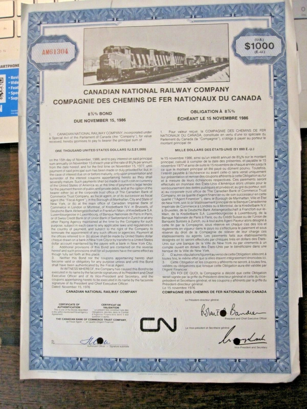 Canadian National Railway Company Stock Dated 1986