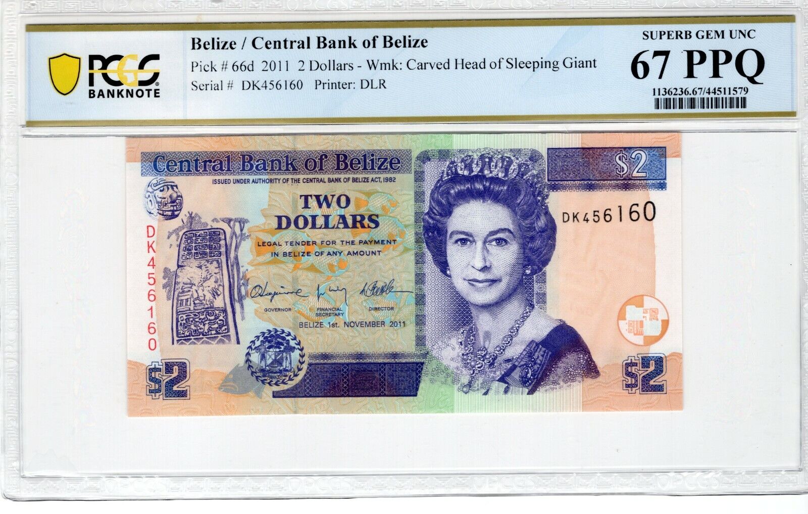 Belize 2011 $2 Pcgs Banknote Gem Unc 67 Ppq Pick 66d
