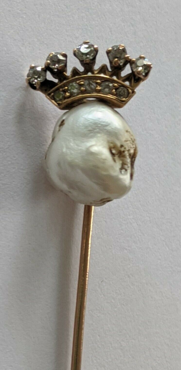 Antique 10k Gold Diamond Pearl Crown Stick Pin