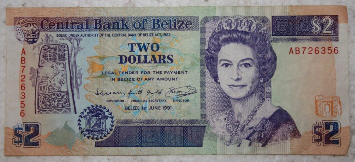 1991 Central Bank Of Belize Two Dollar Paper Money Queen Elizabeth #ab726356