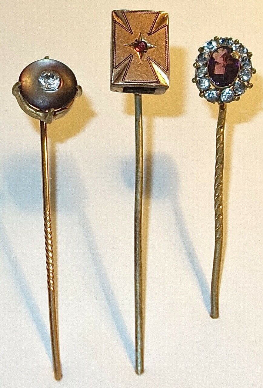 Superb Lot Of (3) Victorian Antique Gold Filled Stick Pins~all W/stones~lot #1!
