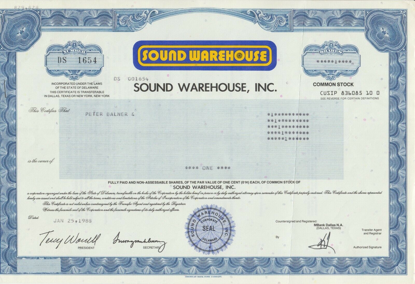 1988 Sound Warehouse, Inc., Stock Certificate For 1 Share, Fresh, Clean, Vf.