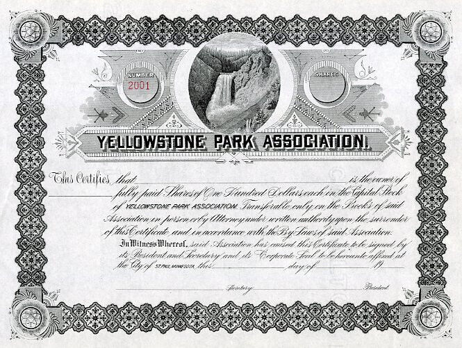 19__ Yellowstone Park Association Stock Certificate