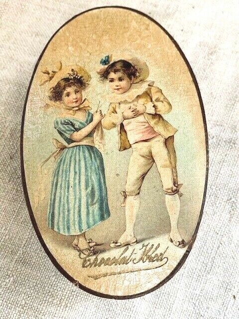 Antique French Chocolate Bon Bon Box Girl And Boy*  Violet Flowers * Trinket Box