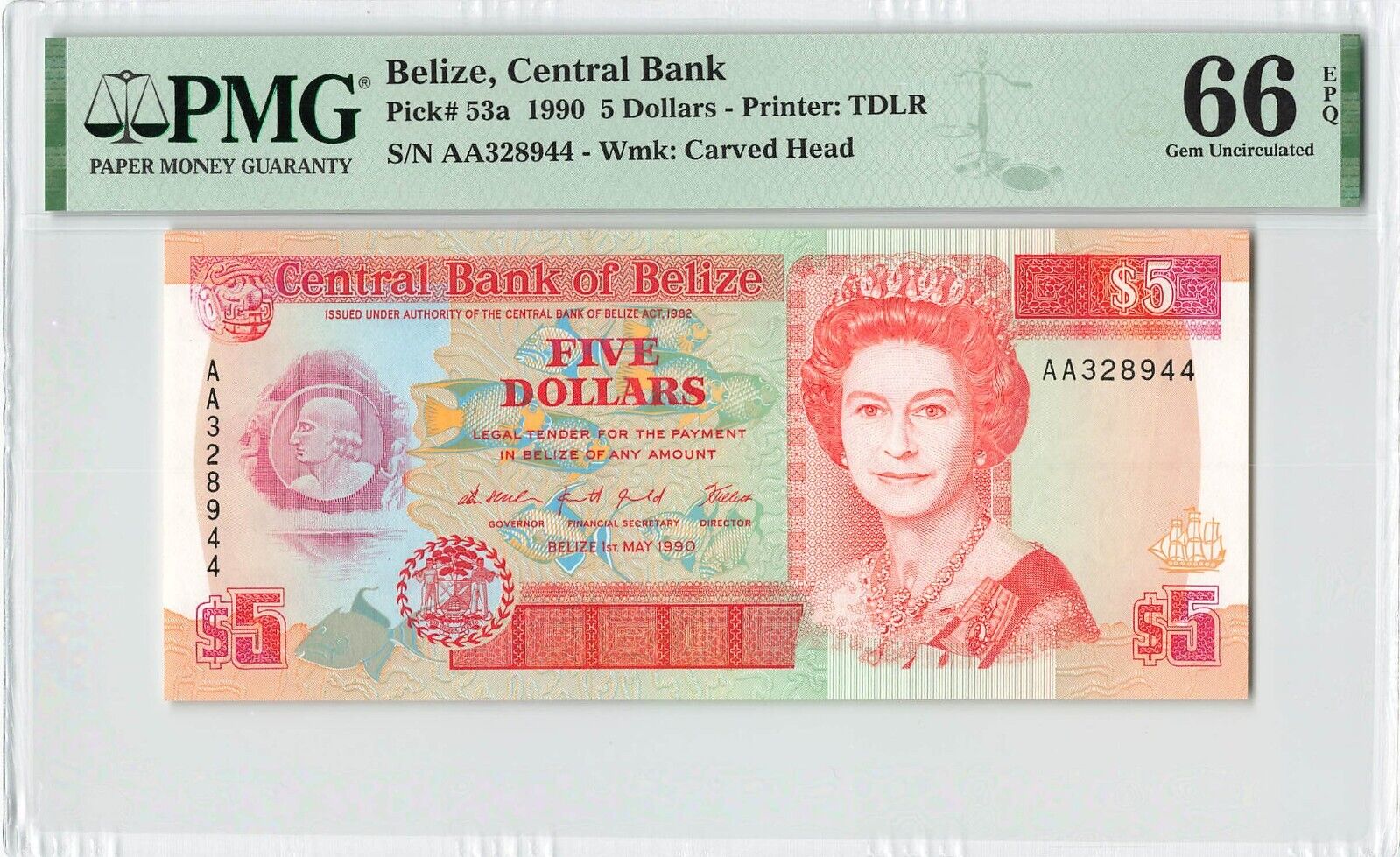 Belize $5 Dollars 1990, P-53a, Pmg 66 Epq Gem Unc, Qeii Note, Prefix Aa, Scarce