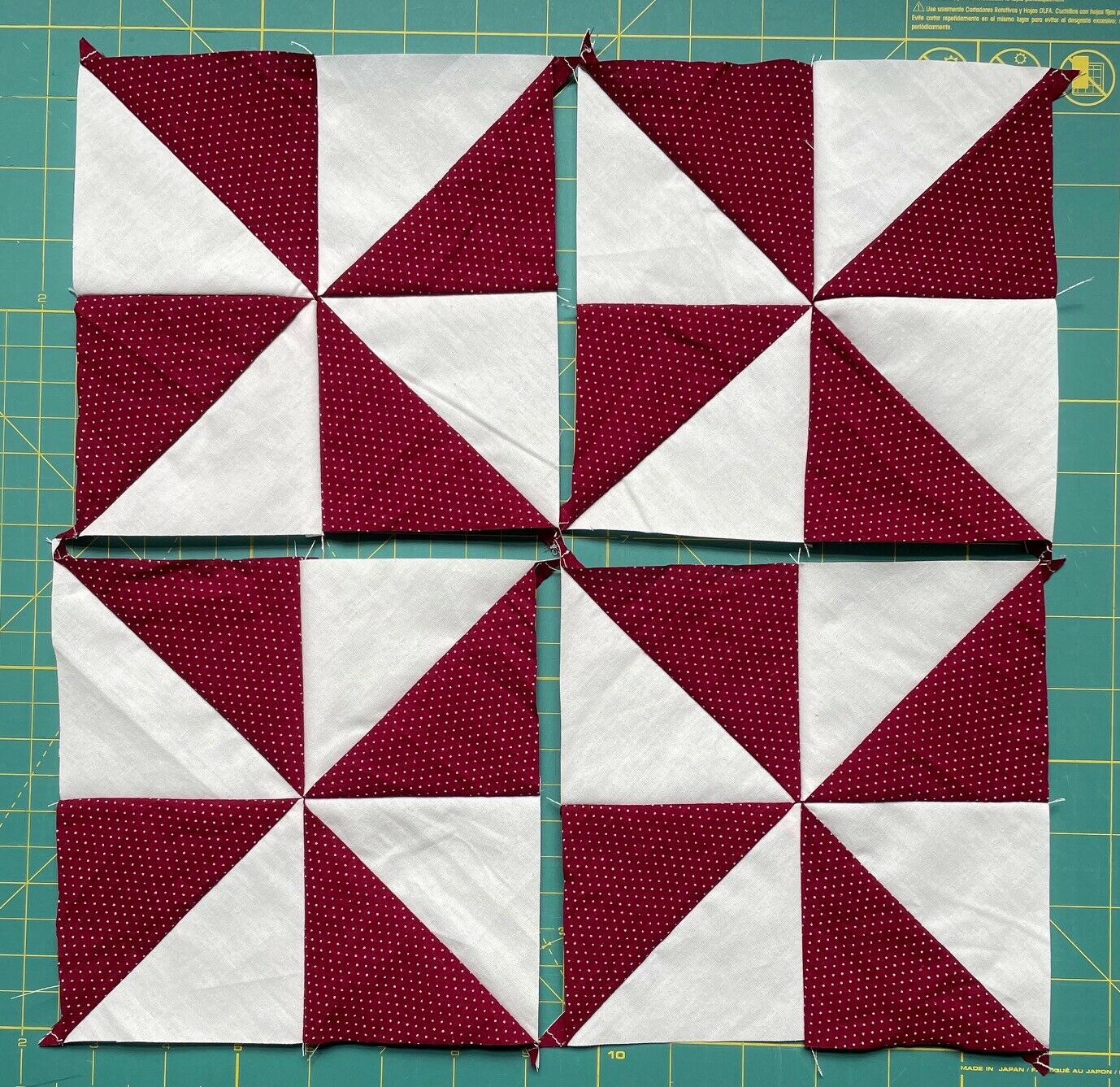 Set Of 12 Cotton Patchwork Quilt Blocks, 6.5" Sq, Dark Red/maroon, Pinwheel