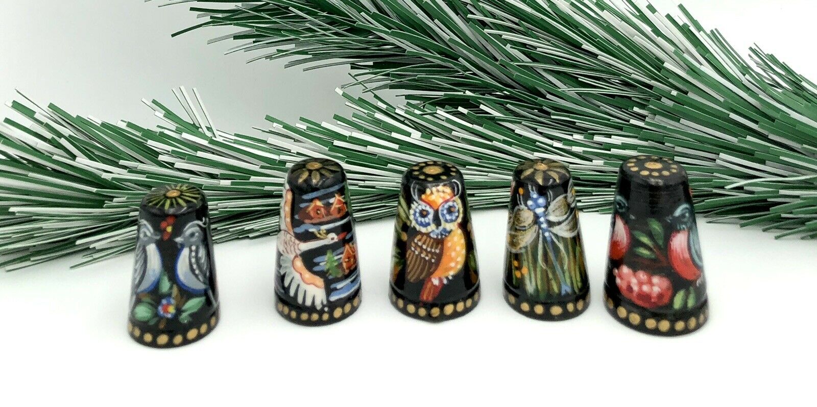 Collectible Handmade Thimbles, Set With 5, Wood, Hand Painted, Owl, Swan, Birds