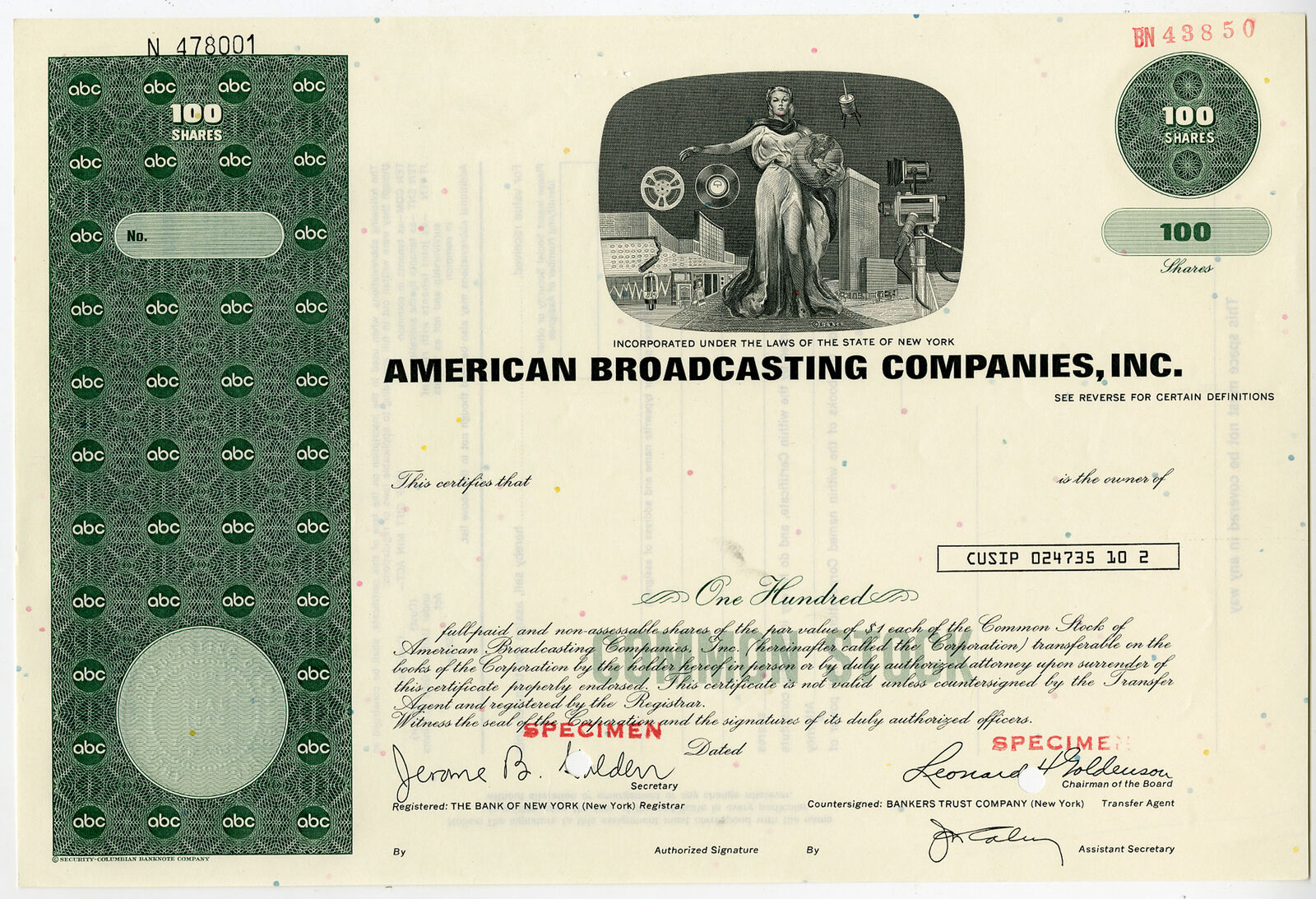 Ny. American Broadcasting Companies, Inc., "abc"  1970s Specimen Stock Cert Unc