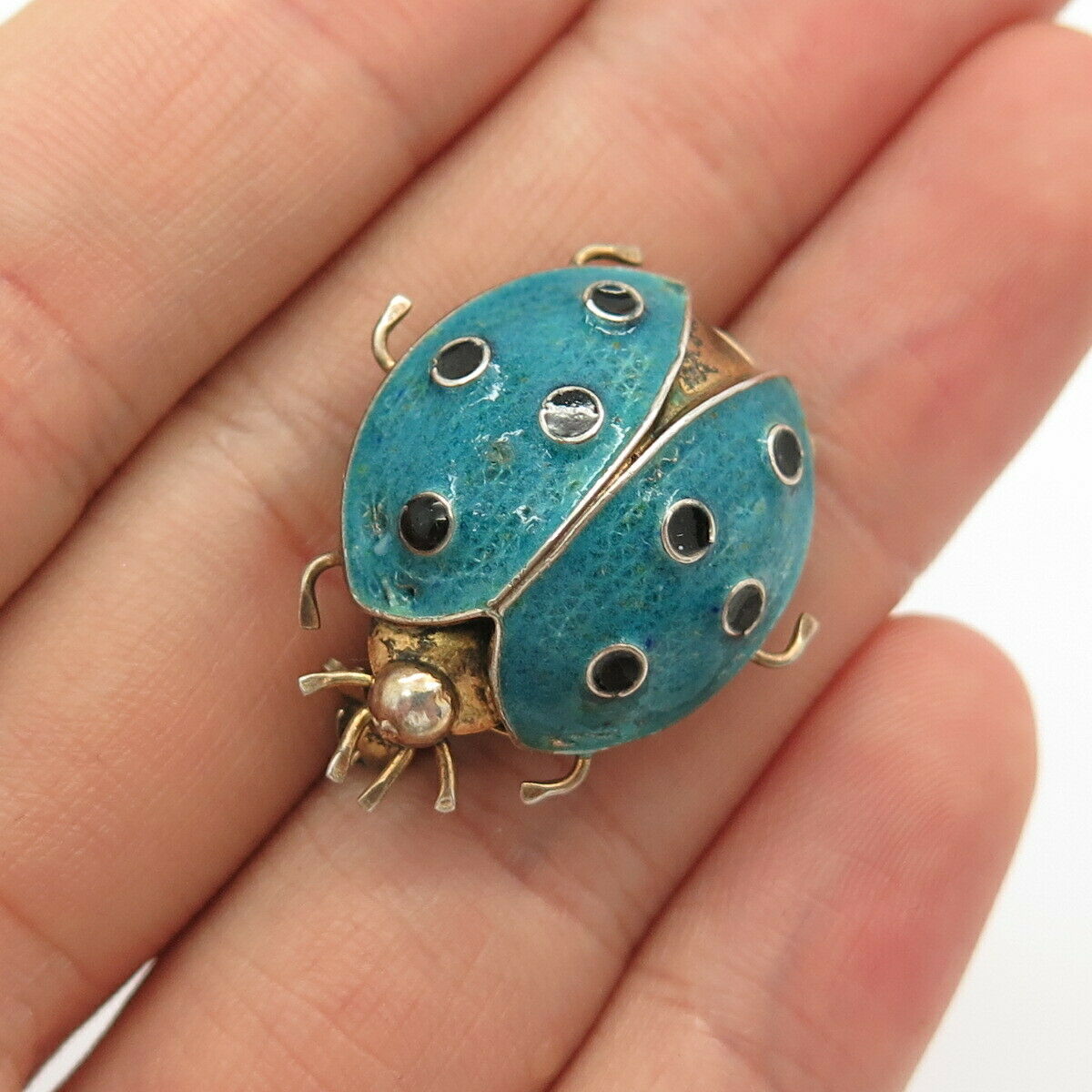 Antique Victorian 800 Silver Blue & Black Enamel Ladybug Handcrafted Pin Brooch