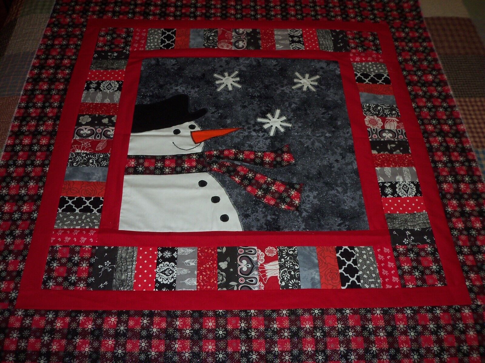 Winter Christmas Snowman Snowflakes Applique Baby Wall Quilt Top 40.5" X 41"
