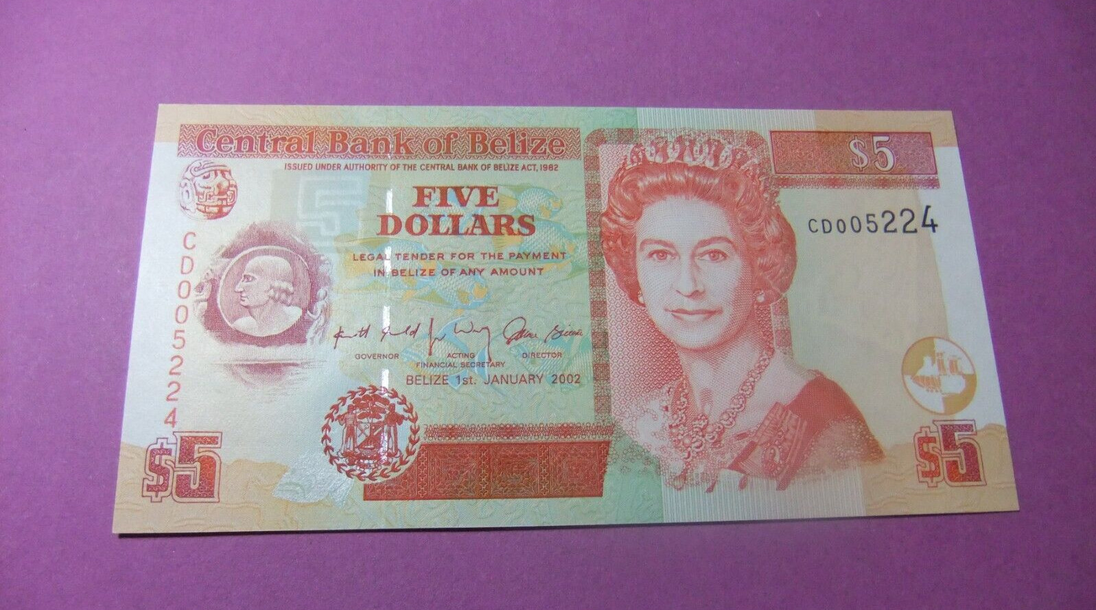 2002 Belize 5 Dollar Banknote - Unc