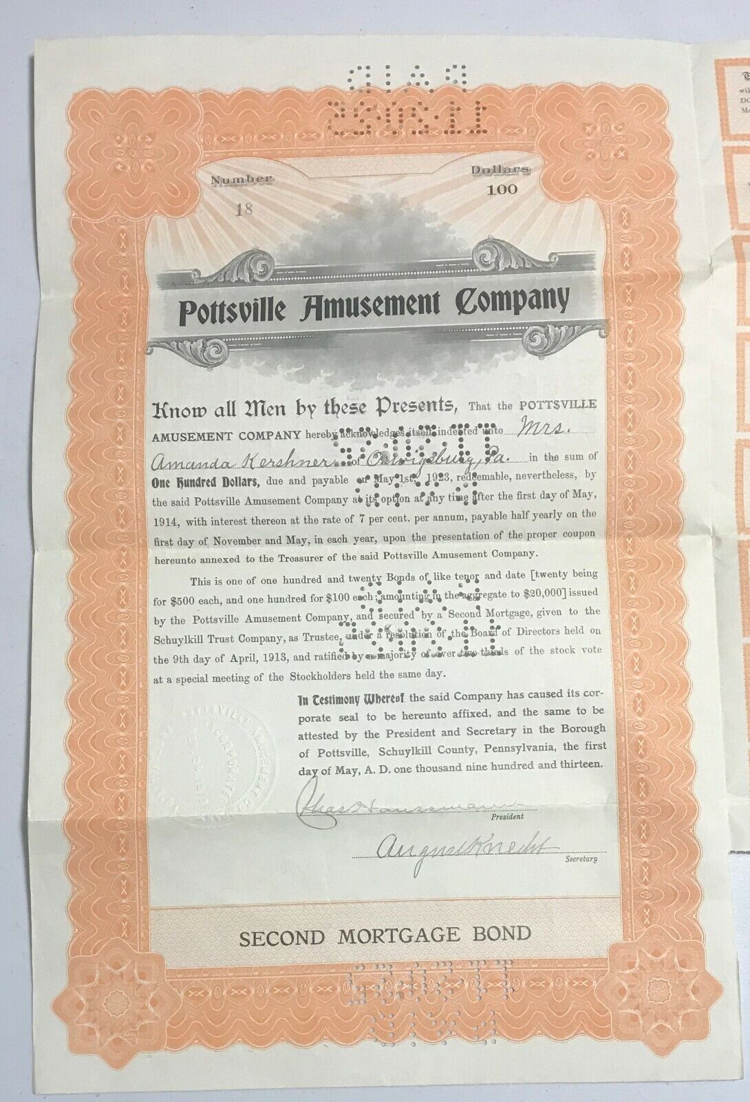 1913 Pottsville Amusemenet Company Stock Bond Certificate Pennsylvania