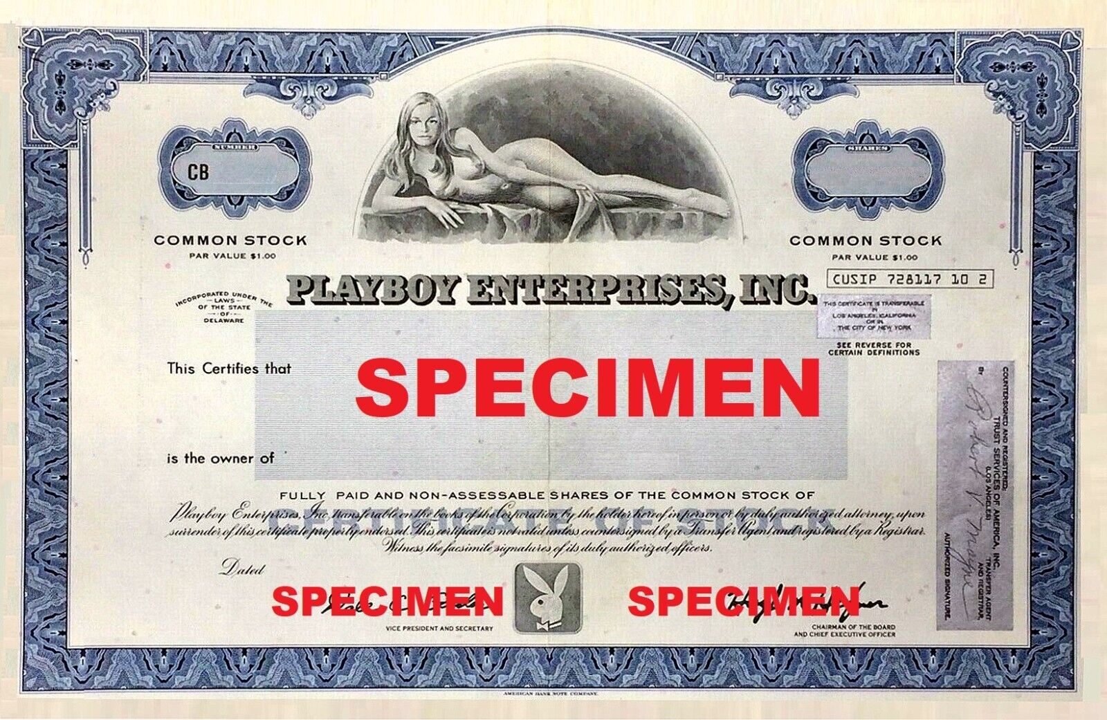 🔴 Personalized Playboy Enterprises, Inc. Stock Certificate Novelty 🔴