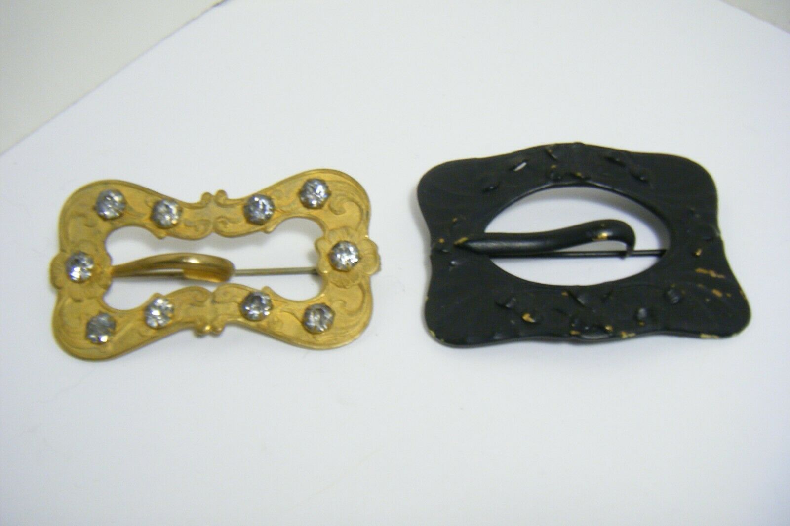 Ant. Vict. Lot 2 Large Buckle Motif Brooches Sash Pins W/stones 1 Mourning Black