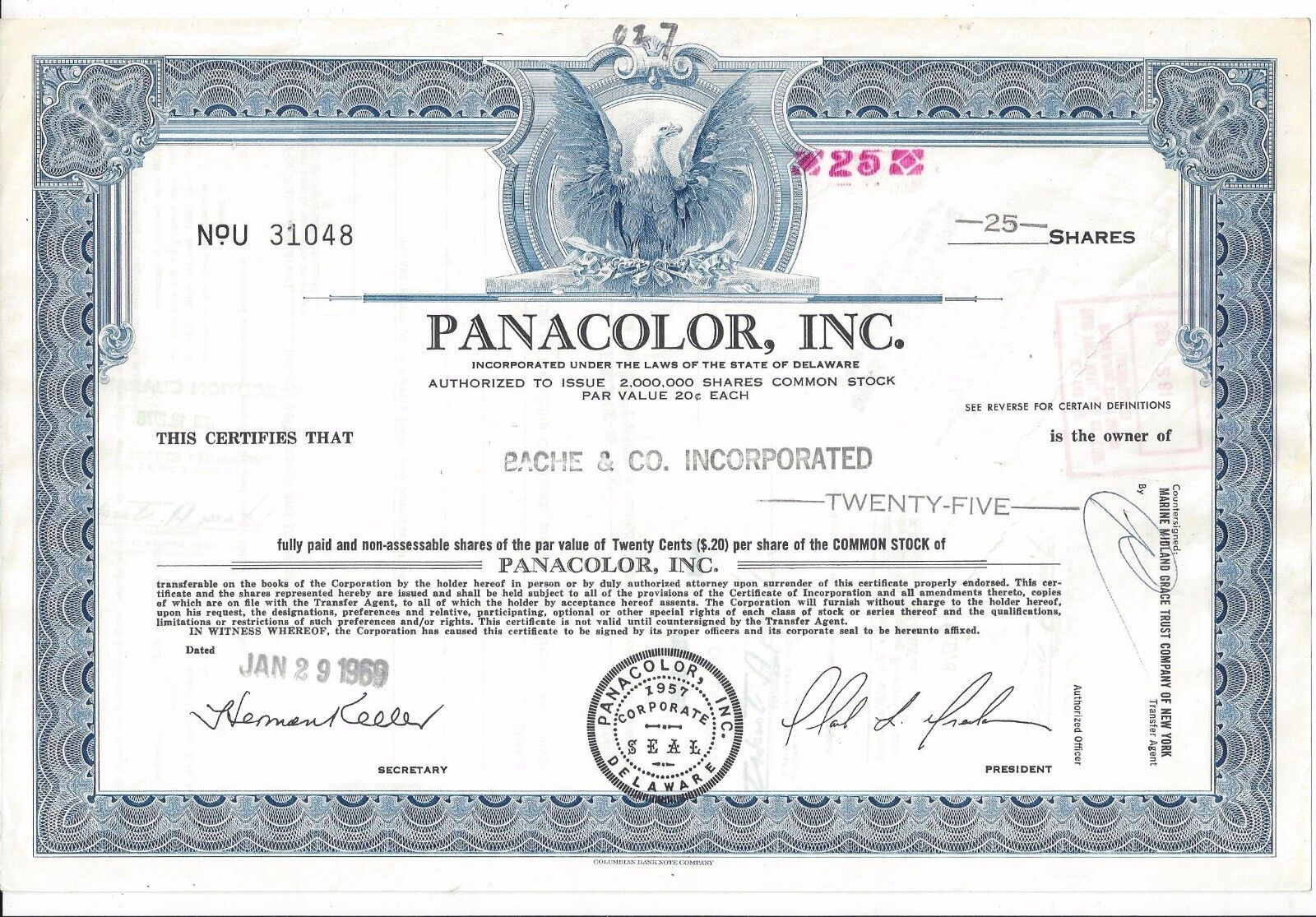 Panacolor Inc..........1969 Stock Certificate