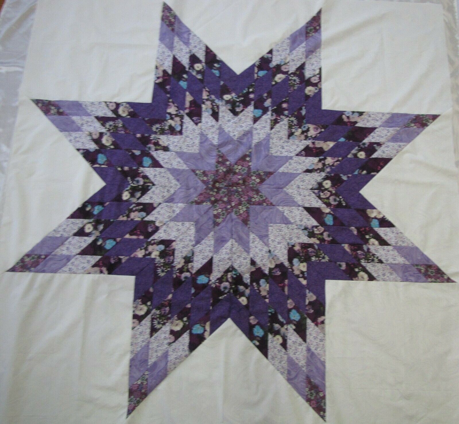 Lone Star Patchwork Quilt Top "purple Floral" Pieced~medallion, Wall 64"sq Usa