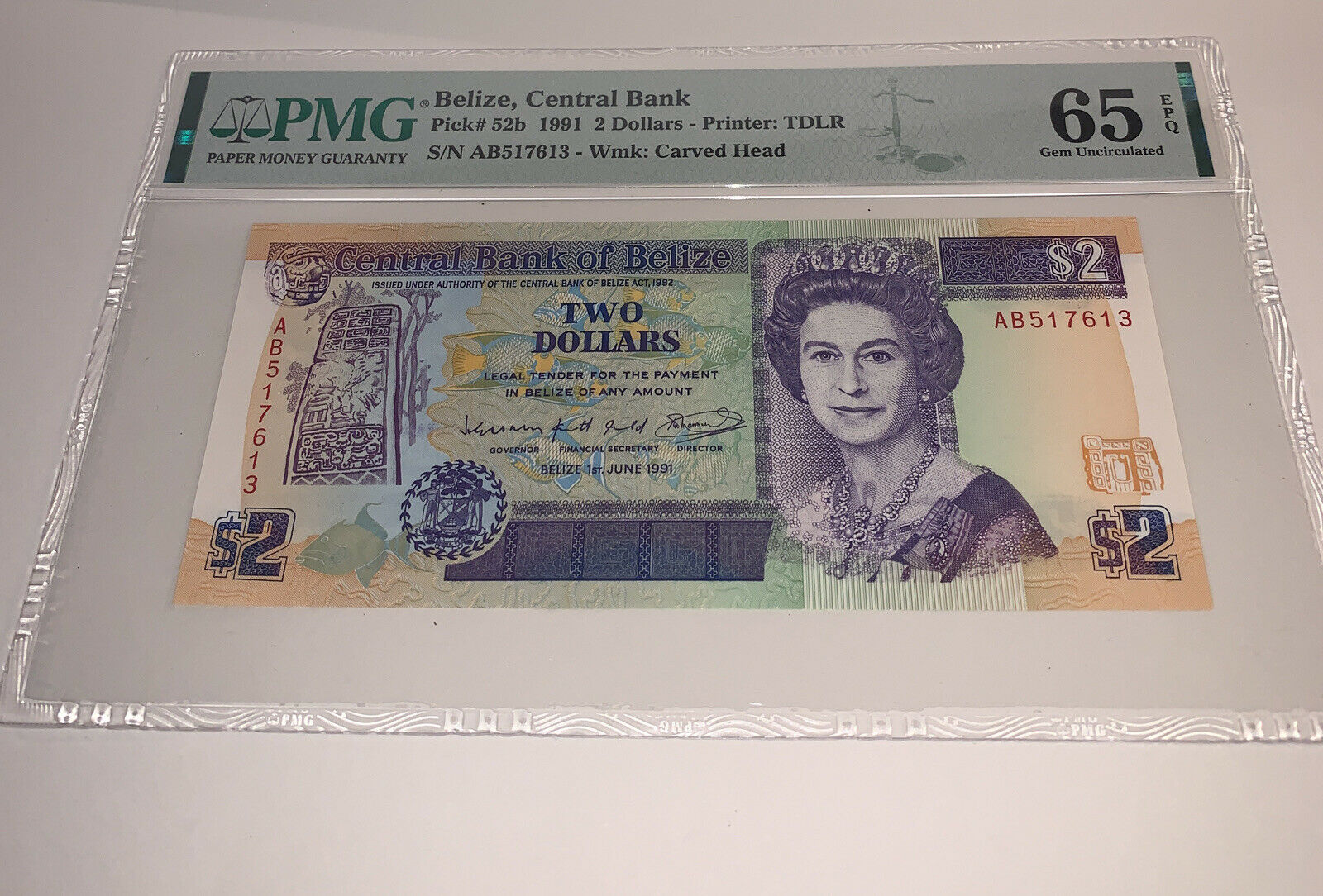 Pmg Belize, Central Bank $2 Banknote P52b 1991 Gem Unc