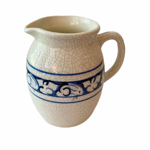 Dedham Rabbit By Potting Shed White And Blue Crackle Pitcher 5.75”h