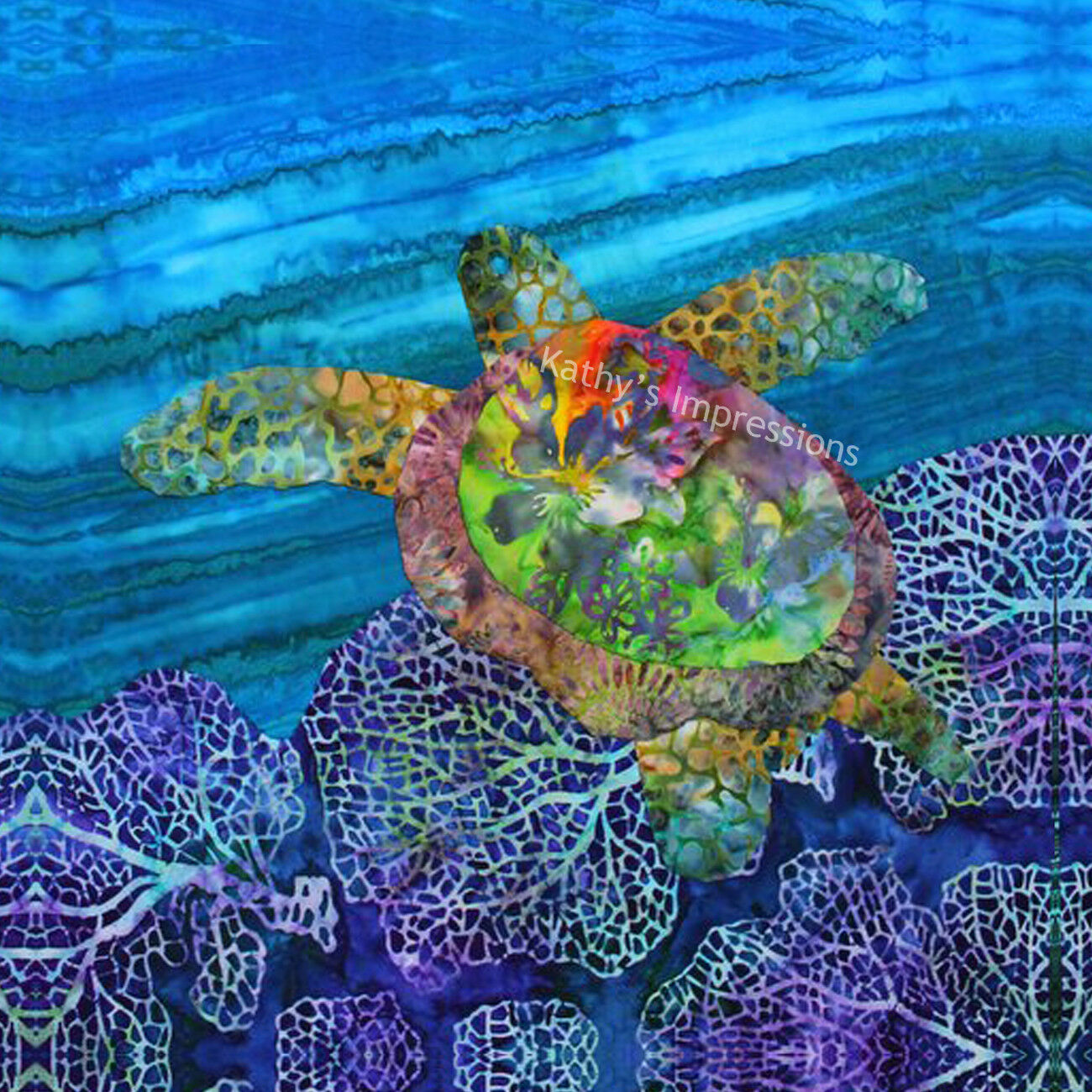Sea Turtle Fabric Quilt Square Beach Blue Ocean Panel Purple Reef Batik Block